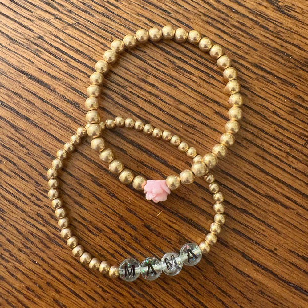 Gold Beaded Bracelet Set with Pink Accent